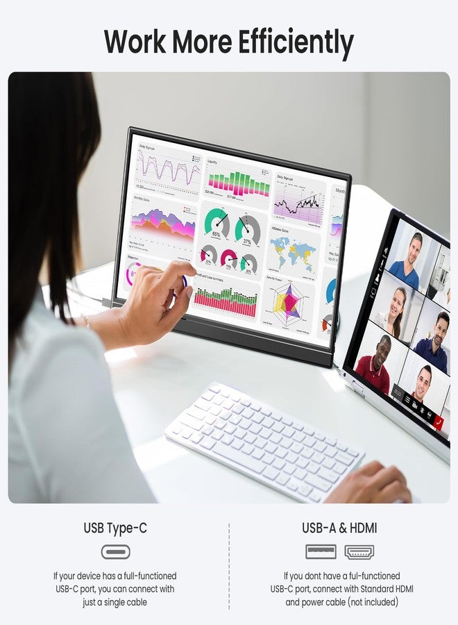 شاشة KQC المحمولة مقاس 15.6 بوصة بدقة 1080P FHD IPS فائقة النحافة، مزودة بمنفذ USB-C ومنفذ HDMI، مع حامل، وشاشة عرض بدون حواف، متوافقة مع أجهزة الكمبيوتر المحمولة، وأجهزة Mac، والهواتف، وأجهزة PS، وXbox، وSwitch للألعاب. - Image 5