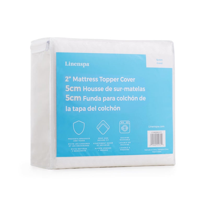 LINENSPA Linenspa 2 Inch Mattress TopperCover QueenCover OnlyMachine Washable  Breathable  Non Slip  with ZipperWhite