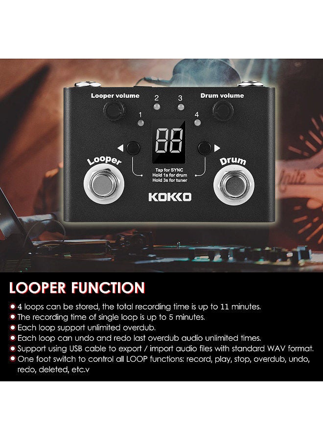 KOKKO multifunctional drum & looper effect pedal tuner bt page-turner phrase loop recording drum machine effect compact pedal portable musical instrument effect pedal digital tuner  - Image 2