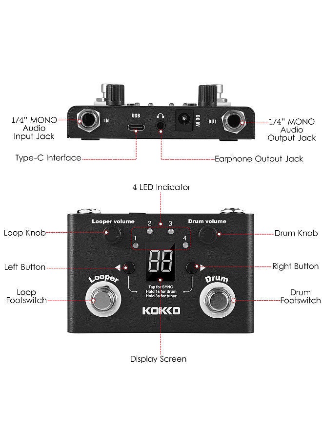 KOKKO multifunctional drum & looper effect pedal tuner bt page-turner phrase loop recording drum machine effect compact pedal portable musical instrument effect pedal digital tuner  - Image 3