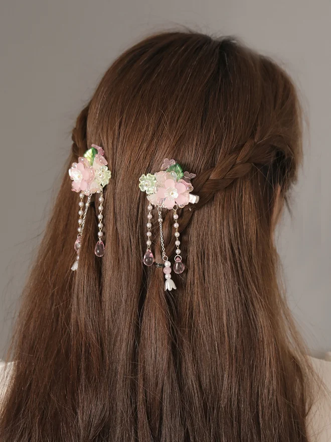 Take Two Pack of 2 - Pink Floral Tassel Hair Clips