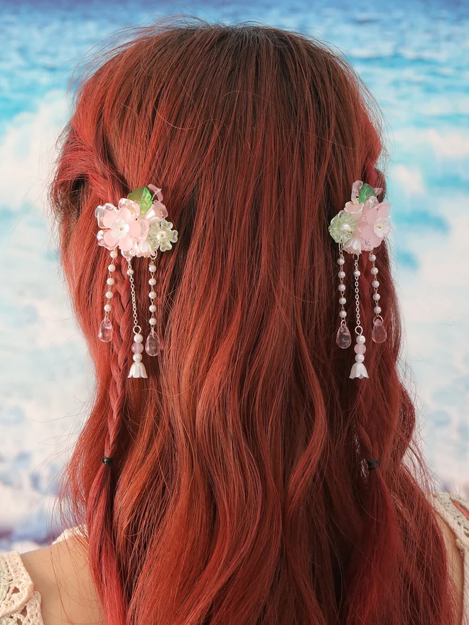 Take Two Pack of 2 - Pink Floral Tassel Hair Clips