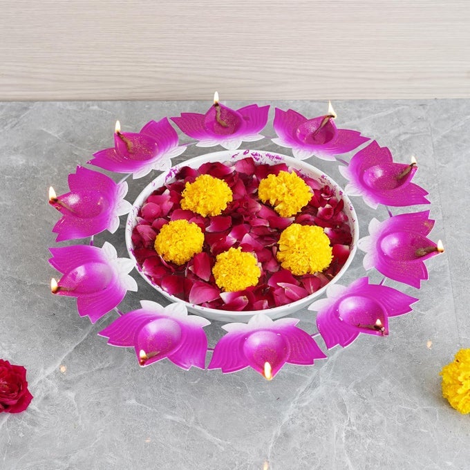LOTUS SHAPE DIYA URLI BOWL FOR HOME AND POOJA DECORATIONS| URLI TEALIGHT CANDLE HOLDER FOR HOME AND OFFICE DECOR (14.17" INCHES)- DIWALI CANDLE HOLDER