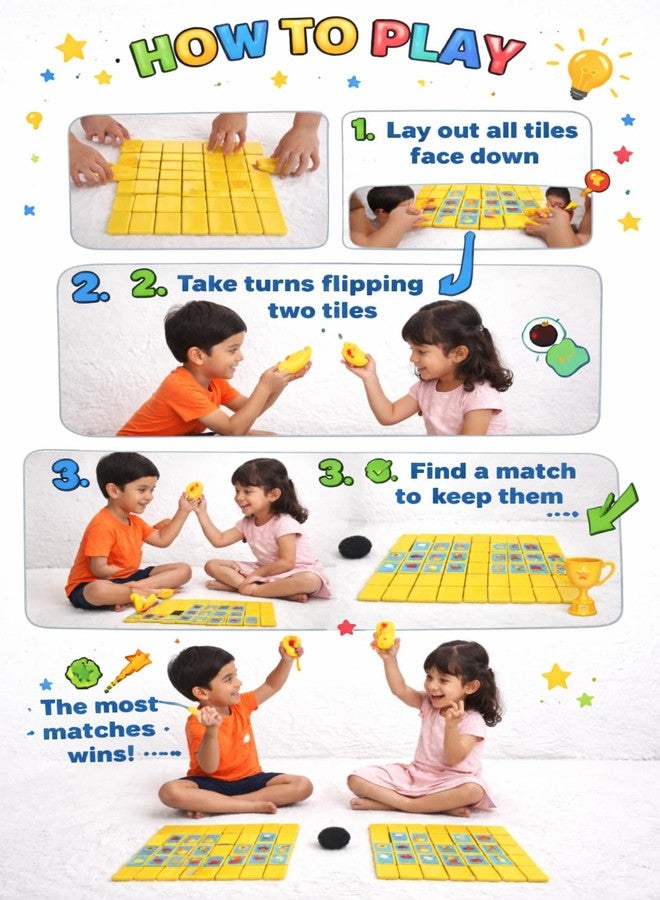 Sukan Tex Kids Memory Matching Game | Educational Learning Toy | Brain Development Game for 3-6 Year Kids | Fruits & Flowers Matching Tiles | Montessori Toy | for Ages 2 and Above - Image 3