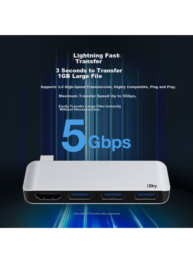 Isky Type-c To Hdmi Hd Video Transmission Usb 3.0 Hub Card-fitting Direct Plug Portable Expansion Dock Silver