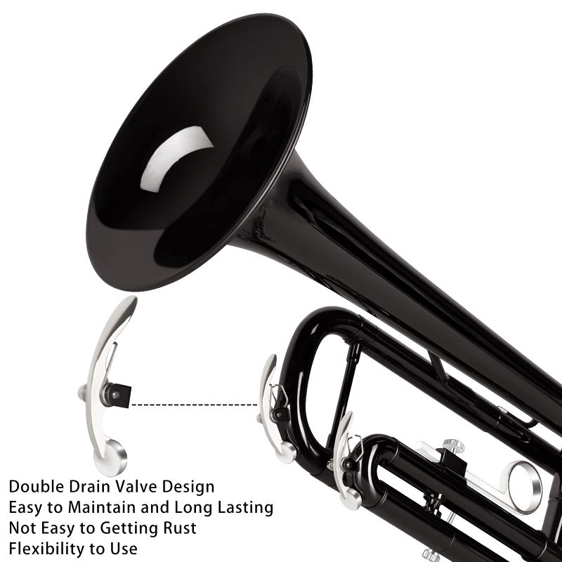 EASTROCK طقم ترومبيت EASTROCK Bb القياسي مع حقيبة حمل، قفازات، فم 7C ومجموعة تنظيف (أسود) - Image 4