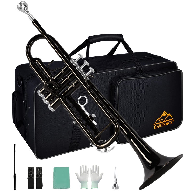 EASTROCK طقم ترومبيت EASTROCK Bb القياسي مع حقيبة حمل، قفازات، فم 7C ومجموعة تنظيف (أسود) - Image 1