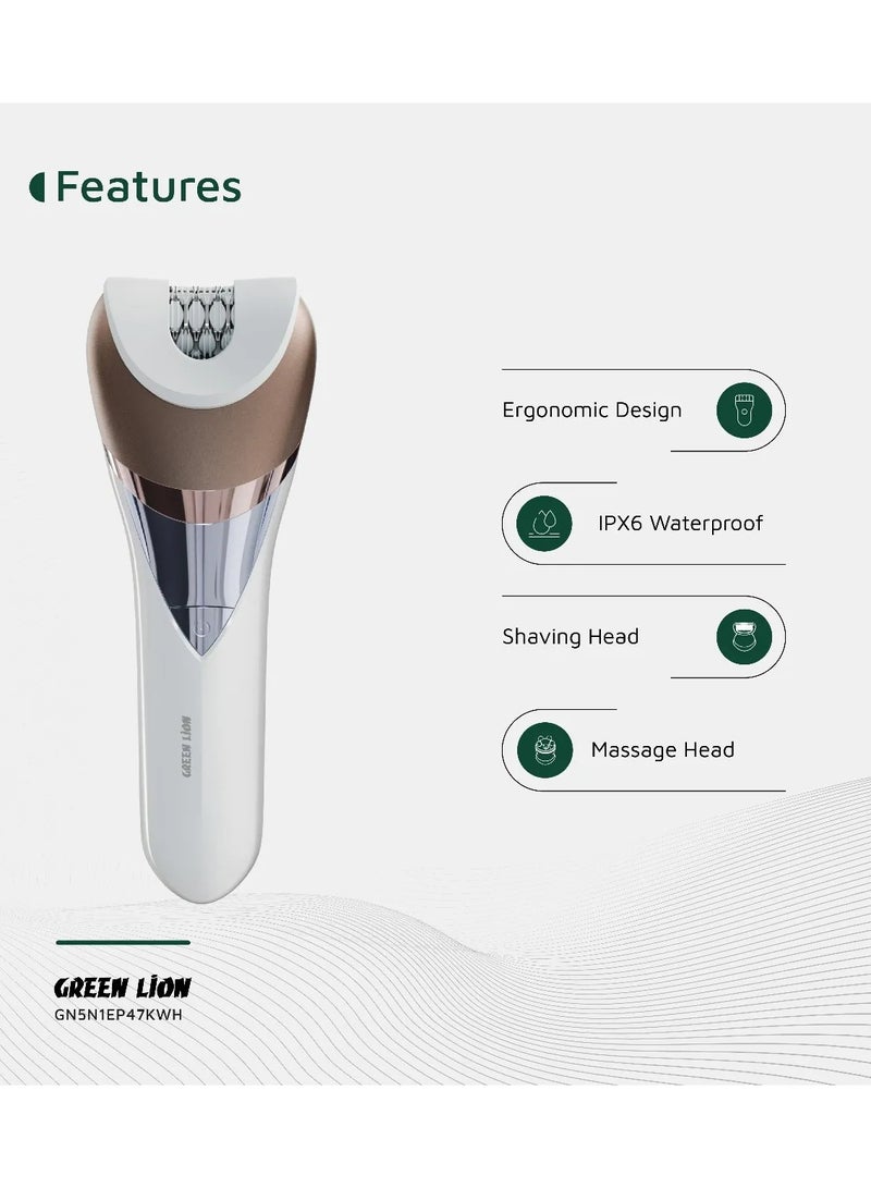 GREEN LION 5 in 1 Cordless Epilator Kit Bikini Head, Shaving Head, Epilator Head, Massage Head & Grinding Head / Trimmer for women  2 Speed Levels / IPX6 Waterproof / 120Min Runtime / Digital Display / Hair Removal / Cleaning Brush - White - Image 2