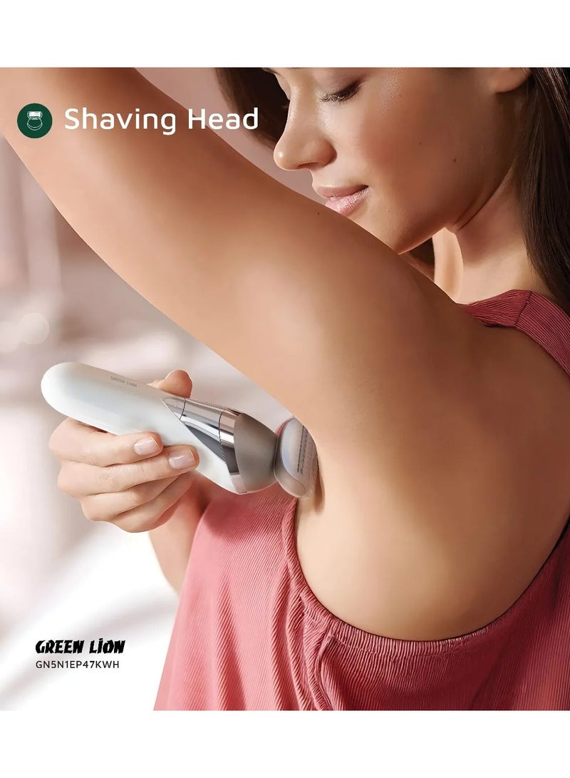 GREEN LION 5 in 1 Cordless Epilator Kit Bikini Head, Shaving Head, Epilator Head, Massage Head & Grinding Head / Trimmer for women  2 Speed Levels / IPX6 Waterproof / 120Min Runtime / Digital Display / Hair Removal / Cleaning Brush - White - Image 5