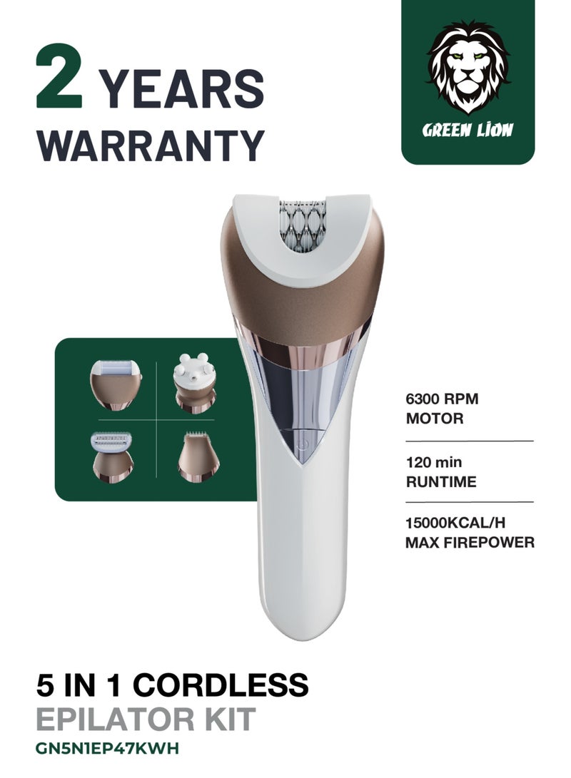 GREEN LION 5 in 1 Cordless Epilator Kit Bikini Head, Shaving Head, Epilator Head, Massage Head & Grinding Head / Trimmer for women  2 Speed Levels / IPX6 Waterproof / 120Min Runtime / Digital Display / Hair Removal / Cleaning Brush - White - Image 1