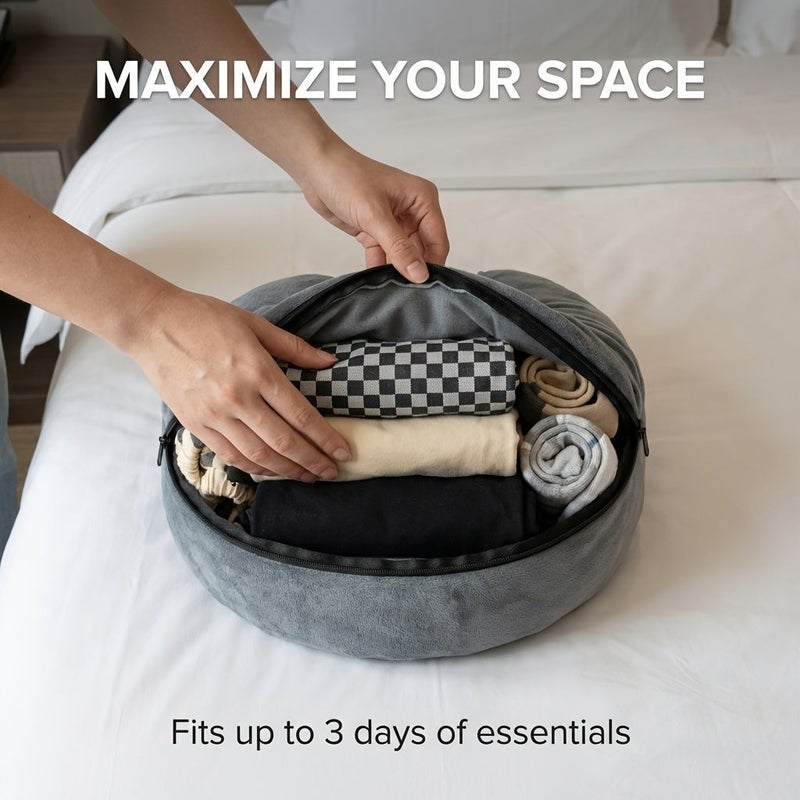 Dark Gray U Shaped Travel Pillow Collapsible Storage Bag Holds 10 Pieces Of Clothing - Image 2