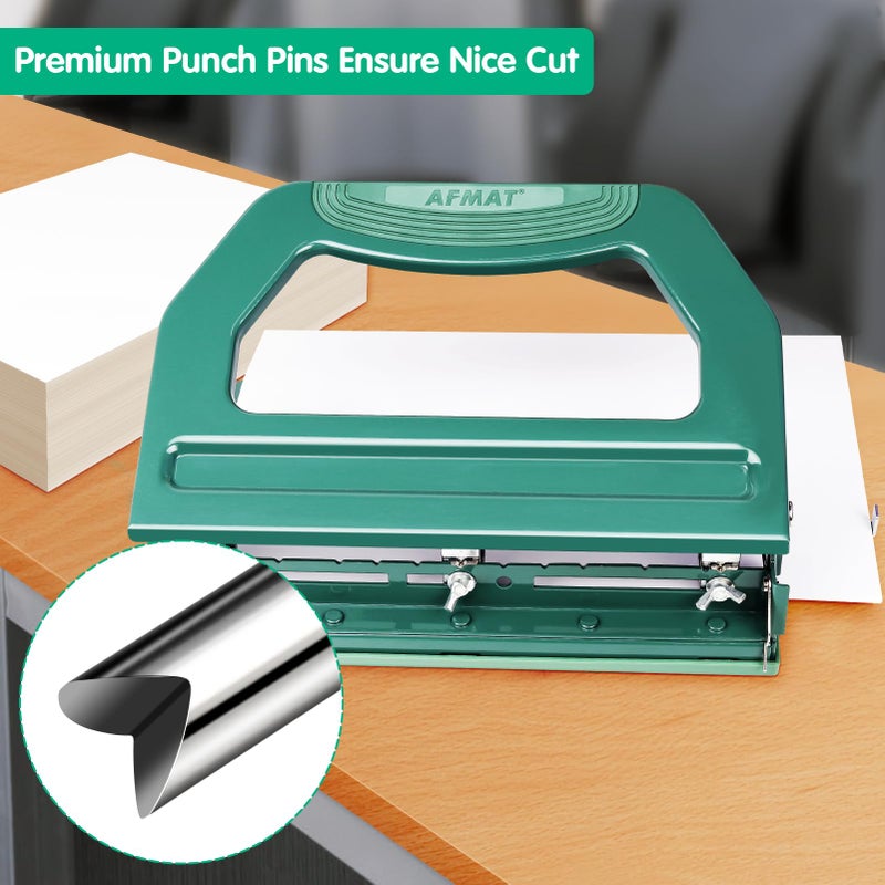 AFMAT 3 Hole Punch Heavy Duty, 9/32" Holes, 50-Sheet Hole Puncher 3 Ring, 50% Reduced Effort, Adjustable Two & Three Hole Punch, Metal Paper Puncher w/Large Chip Tray, Metal Paper Guide, Green, HP18 - Image 5