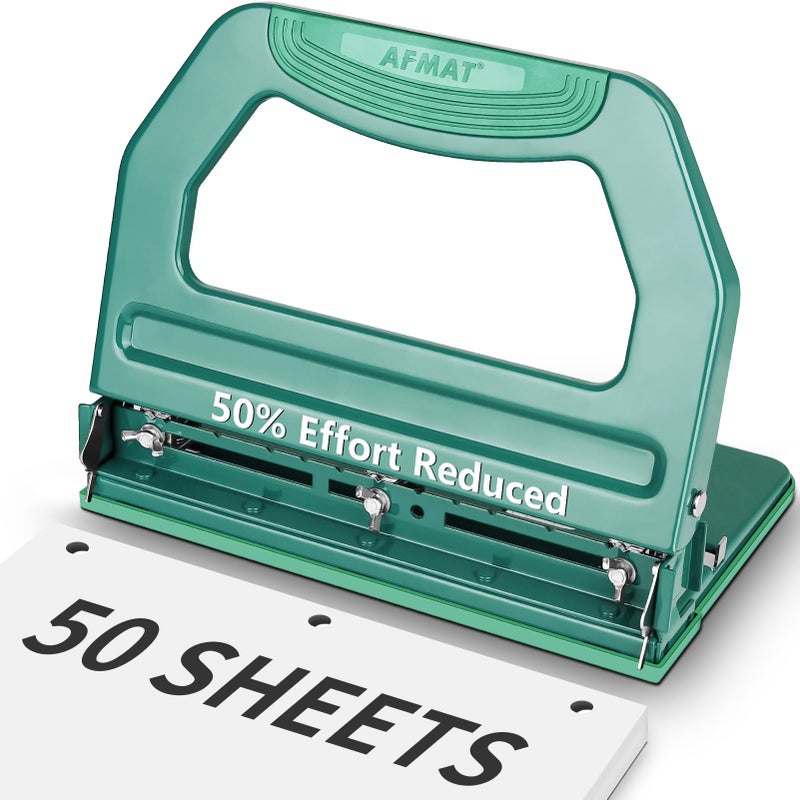 AFMAT 3 Hole Punch Heavy Duty, 9/32" Holes, 50-Sheet Hole Puncher 3 Ring, 50% Reduced Effort, Adjustable Two & Three Hole Punch, Metal Paper Puncher w/Large Chip Tray, Metal Paper Guide, Green, HP18 - Image 1