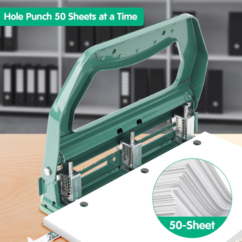 AFMAT 3 Hole Punch Heavy Duty, 9/32" Holes, 50-Sheet Hole Puncher 3 Ring, 50% Reduced Effort, Adjustable Two & Three Hole Punch, Metal Paper Puncher w/Large Chip Tray, Metal Paper Guide, Green, HP18 - Image 2