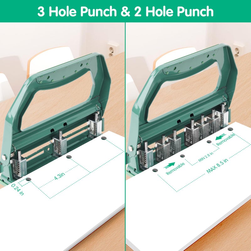 AFMAT 3 Hole Punch Heavy Duty, 9/32" Holes, 50-Sheet Hole Puncher 3 Ring, 50% Reduced Effort, Adjustable Two & Three Hole Punch, Metal Paper Puncher w/Large Chip Tray, Metal Paper Guide, Green, HP18 - Image 3