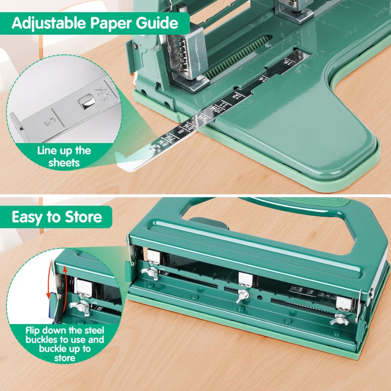 AFMAT 3 Hole Punch Heavy Duty, 9/32" Holes, 50-Sheet Hole Puncher 3 Ring, 50% Reduced Effort, Adjustable Two & Three Hole Punch, Metal Paper Puncher w/Large Chip Tray, Metal Paper Guide, Green, HP18 - Image 4