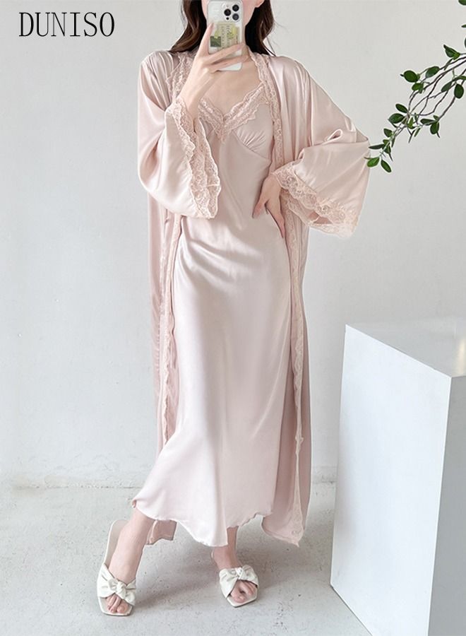 DUNISO 2PCS Women's Satin Nightgown with Robes Set Sweet Pajama Dress Ice Silk Sling Lace Nightdress Long Sleeve Robe Loungewear with Pad and Belt Female Soft Sleepwear Home Wear - Image 2