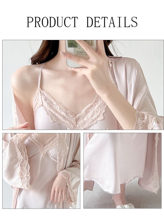 DUNISO 2PCS Women's Satin Nightgown with Robes Set Sweet Pajama Dress Ice Silk Sling Lace Nightdress Long Sleeve Robe Loungewear with Pad and Belt Female Soft Sleepwear Home Wear - Image 3