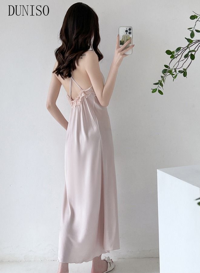 DUNISO 2PCS Women's Satin Nightgown with Robes Set Sweet Pajama Dress Ice Silk Sling Lace Nightdress Long Sleeve Robe Loungewear with Pad and Belt Female Soft Sleepwear Home Wear - Image 5