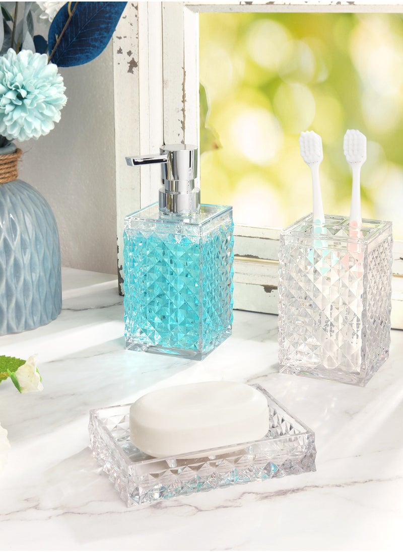 Arabest - 5PCs Glass Bathroom Accessories Set with Decorative Pressed Pattern - Includes Hand Soap Dispenser & Tumbler & Soap Dish & Toothbrush Holder White - Image 1