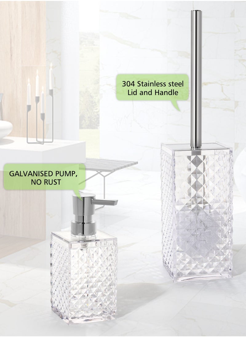 Arabest - 5PCs Glass Bathroom Accessories Set with Decorative Pressed Pattern - Includes Hand Soap Dispenser & Tumbler & Soap Dish & Toothbrush Holder White - Image 1
