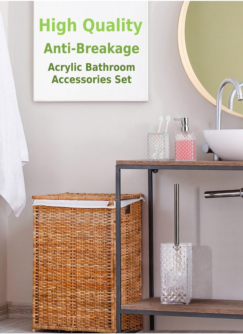 Arabest - 5PCs Glass Bathroom Accessories Set with Decorative Pressed Pattern - Includes Hand Soap Dispenser & Tumbler & Soap Dish & Toothbrush Holder White - Image 1