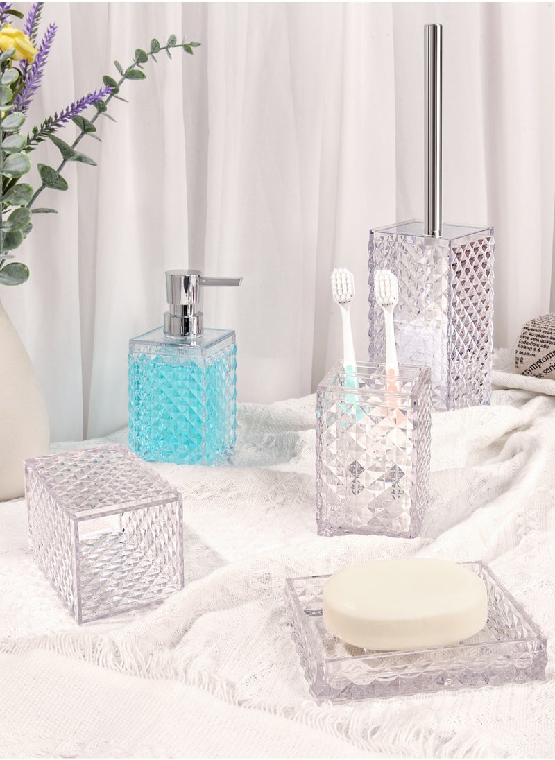 Arabest - 5PCs Glass Bathroom Accessories Set with Decorative Pressed Pattern - Includes Hand Soap Dispenser & Tumbler & Soap Dish & Toothbrush Holder White - Image 1