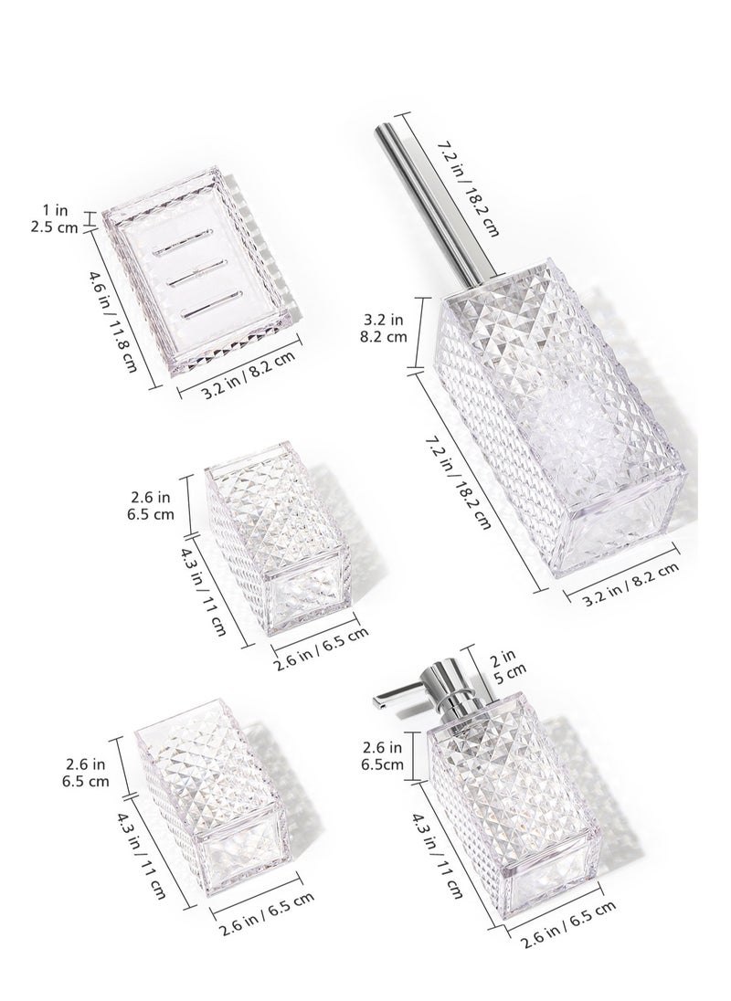 Arabest - 5PCs Glass Bathroom Accessories Set with Decorative Pressed Pattern - Includes Hand Soap Dispenser & Tumbler & Soap Dish & Toothbrush Holder White - Image 1