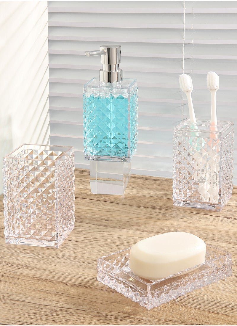 Arabest - 5PCs Glass Bathroom Accessories Set with Decorative Pressed Pattern - Includes Hand Soap Dispenser & Tumbler & Soap Dish & Toothbrush Holder White - Image 1