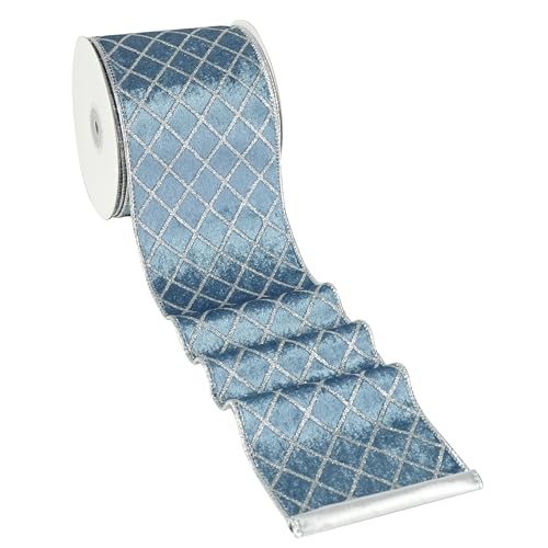 MAYREEL 4 Inch Dusty Blue and Silver Velvet Wired Ribbon Metallic Diamond Glitter Grid for Christmas Gift Wrapping Floral Craft Bows Wreaths Garland Holiday Decor 10 Yards
