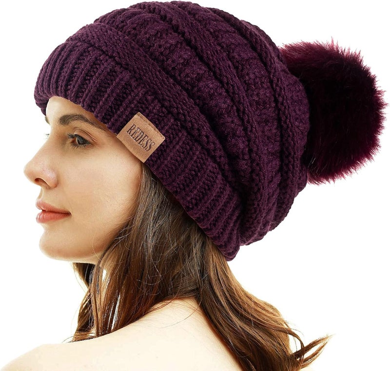 REDESS Women Winter Pom Pom Beanie Hat with Warm Fleece Lined - Image 1