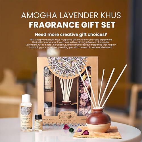 Amogha Ceramic Lavender Khus Fragrance Giftset With Decorative Pot, Reed Diffuser Oil (50Ml), 8N Reed Sticks, Potpourri(50G), 1N Potpourri Refresher Oil (8Ml) Free - Image 2