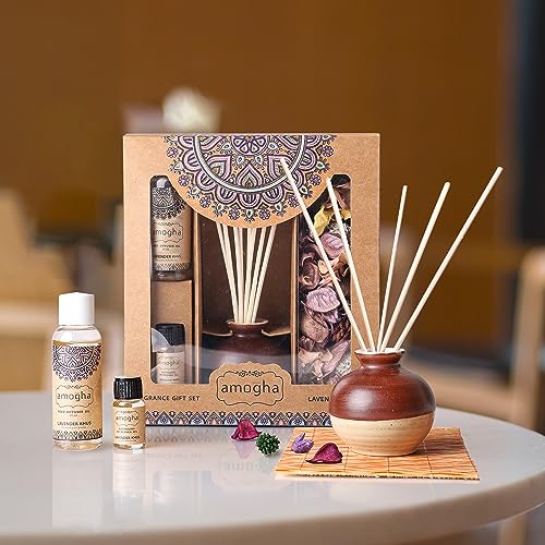 Amogha Ceramic Lavender Khus Fragrance Giftset With Decorative Pot, Reed Diffuser Oil (50Ml), 8N Reed Sticks, Potpourri(50G), 1N Potpourri Refresher Oil (8Ml) Free - Image 1