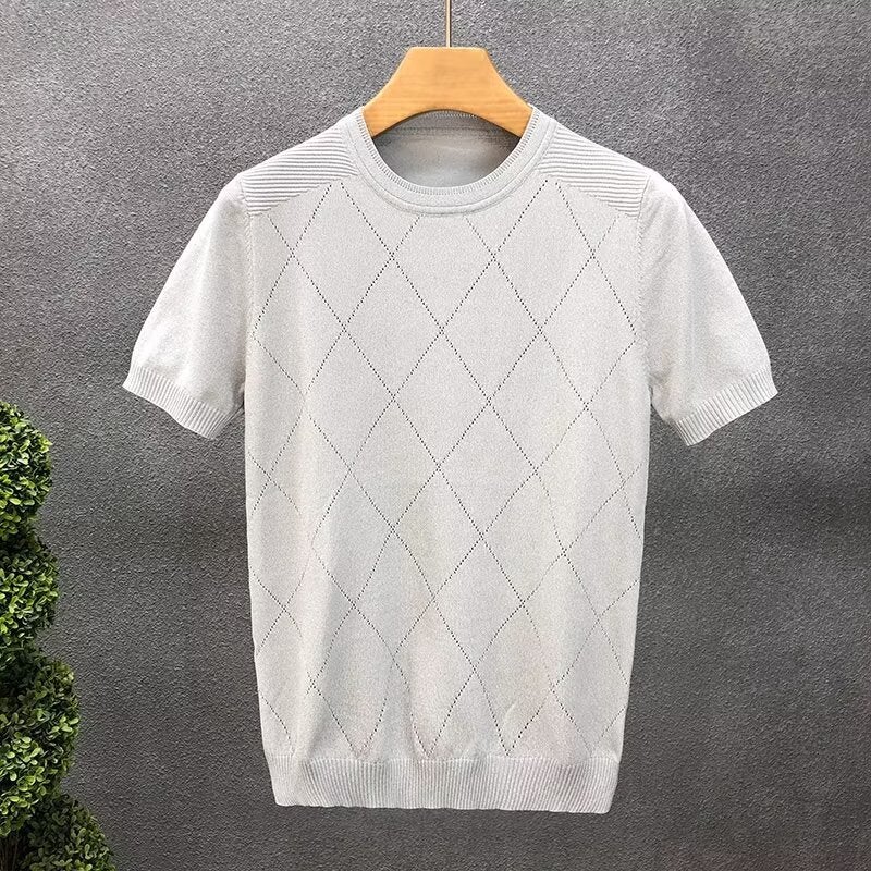 Men'S Crewneck Knitted Short-Sleeved T-Shirt Slim-Fit Elastic Ice Silk Hollow-Out Breathable Rhombic Half-Sleeved Base Shirt Trendy - Image 1