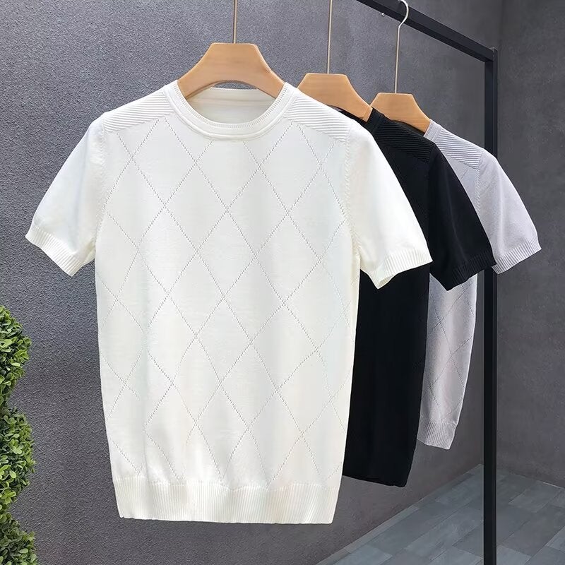 Men'S Crewneck Knitted Short-Sleeved T-Shirt Slim-Fit Elastic Ice Silk Hollow-Out Breathable Rhombic Half-Sleeved Base Shirt Trendy - Image 2