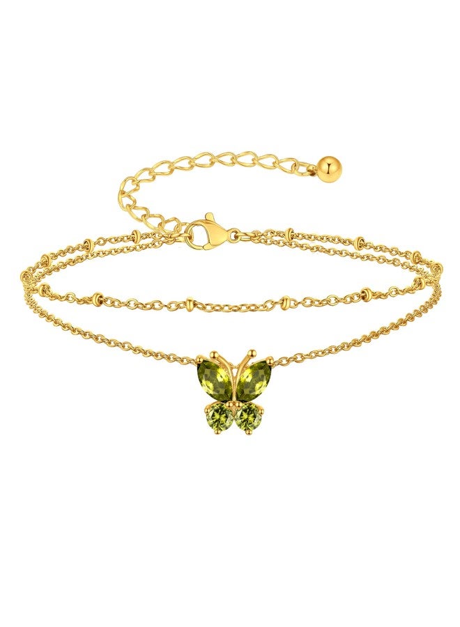 Suplight Stainless Steel Chain Anklets for Women Gold Tone Butterfly Hypoallergenic Dainty Cubic Zirconia Charm Link Chain Anklets Come with Box Peridot Birthstone - Image 1
