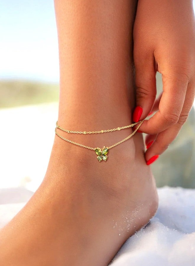 Suplight Stainless Steel Chain Anklets for Women Gold Tone Butterfly Hypoallergenic Dainty Cubic Zirconia Charm Link Chain Anklets Come with Box Peridot Birthstone - Image 3