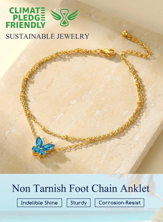 Suplight Stainless Steel Chain Anklets for Women Gold Tone Butterfly Hypoallergenic Dainty Cubic Zirconia Charm Link Chain Anklets Come with Box Peridot Birthstone - Image 5