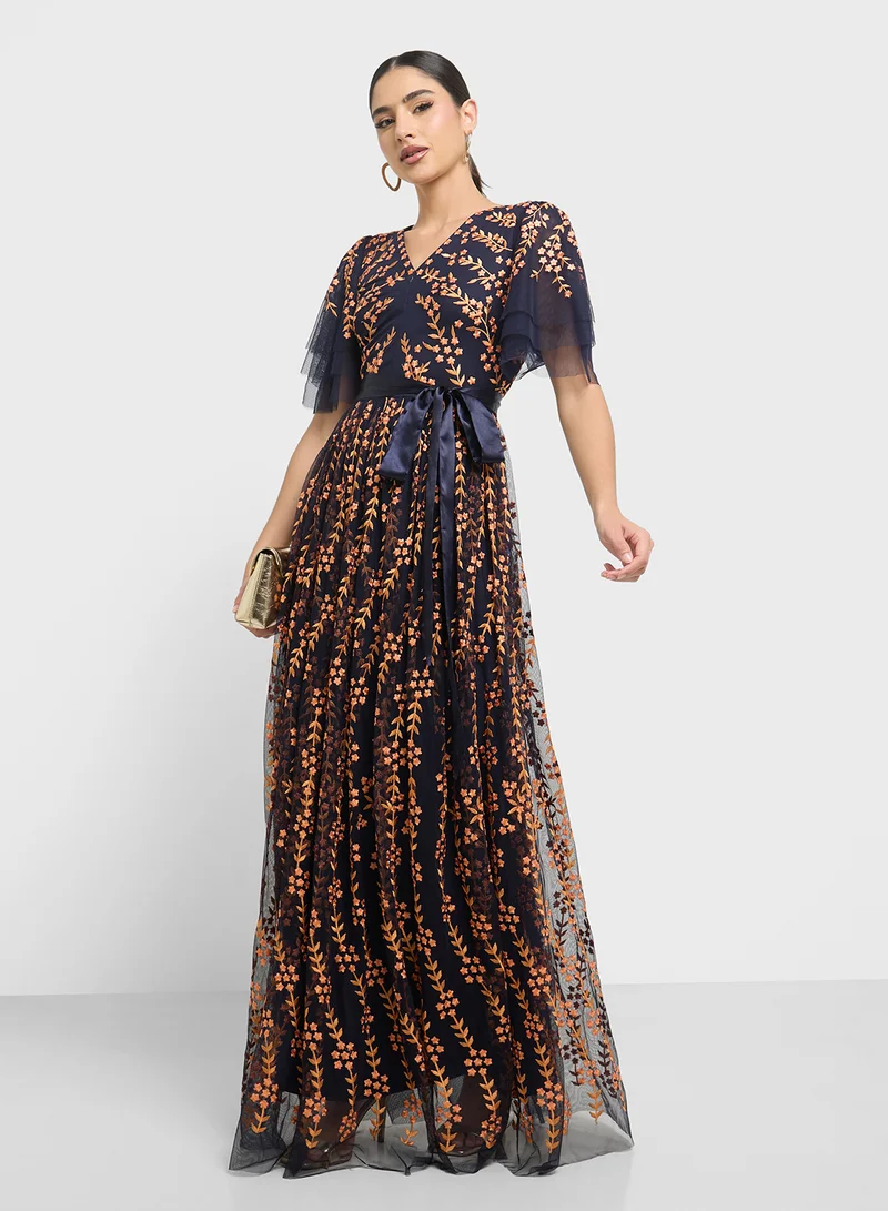 Frock and Frill Floral Embroidered Maxi Dress