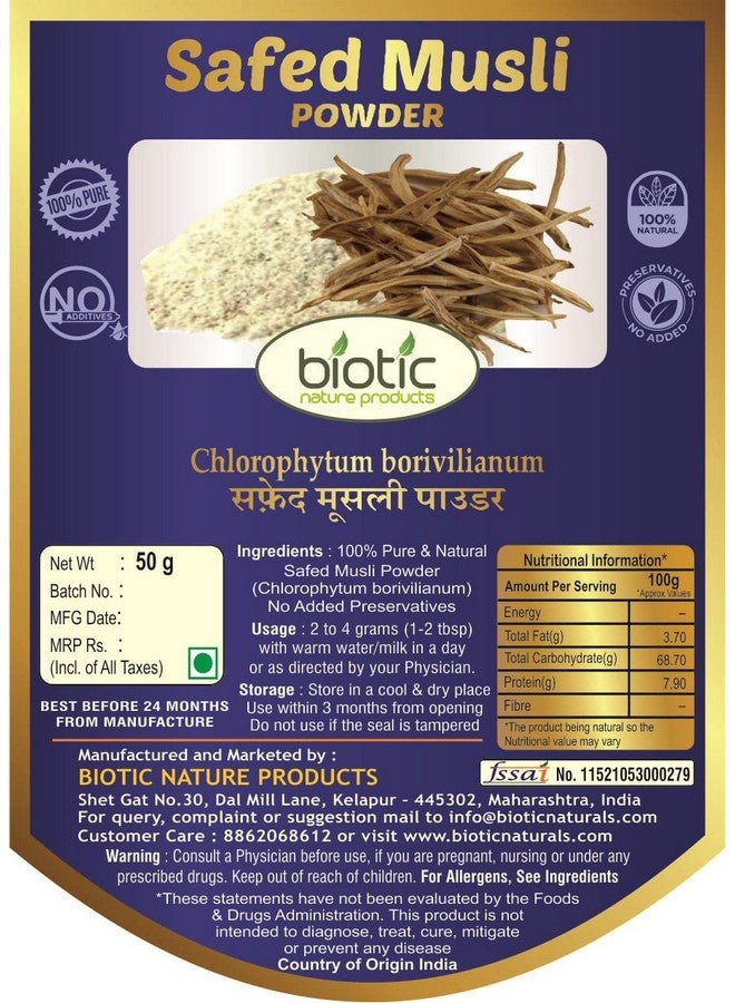 Biotic Natural Safed Musli Powder - White Musli Powder - Sweet Musli Root Powder - Swet Musli Churna - 50gm - Image 2
