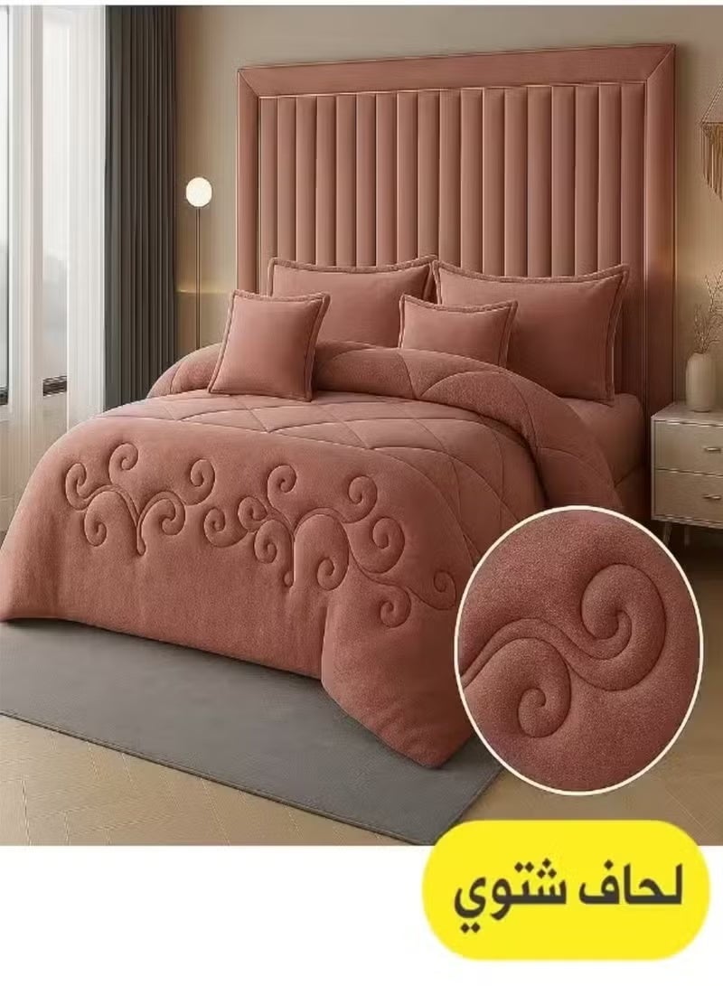 مينج لي مفرش شتوي نفر ونص نظام وجهين (مخمل × فرو) – طقم مفارش 4 قطع يشمل لحاف، شرشف مطاطي، غطاء وسادة وغطاء مخدة، يناسب سرير مقاس 140×200 سم - Image 1