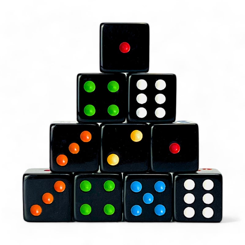 Luck Lab 10 Piece D6 Multicolor Pip Dice Pack Acrylic 16mm Square Edge Standard Dice for RPG MTG DND Table Games and Board Games Storage Bag Included Black Multicolor - Image 3