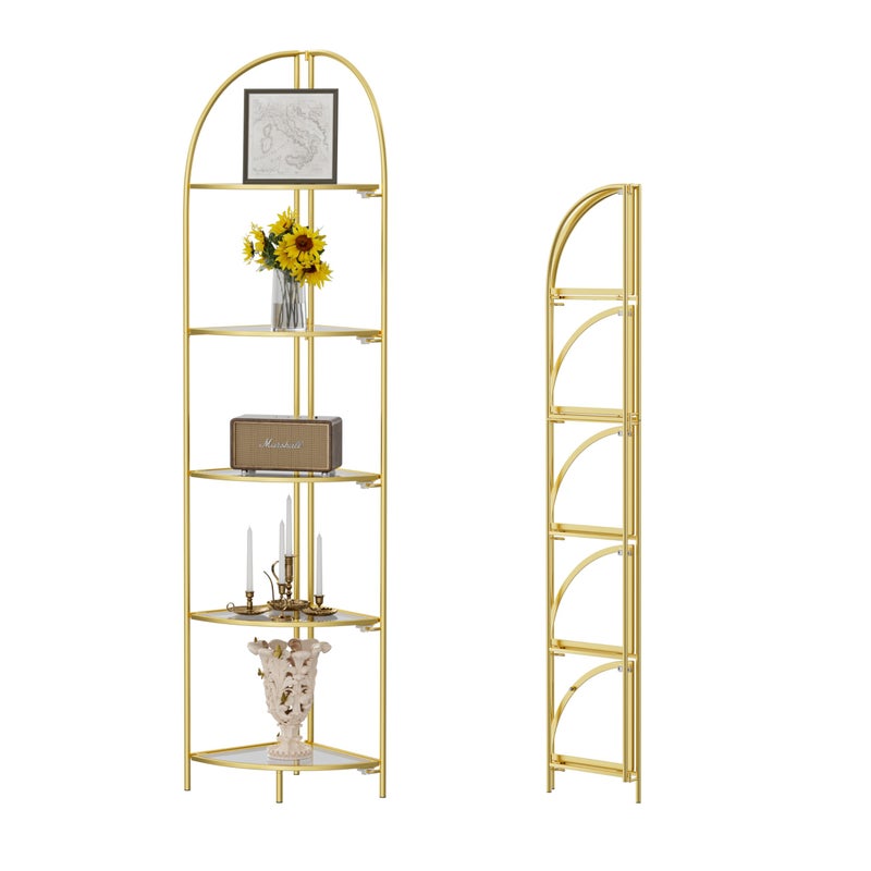 Crofy Foldable 5 Tier Corner Shelf, Metal Corner Plant Stand with Gold Frame and Transparent Shelves, Corner Display Rack Multipurpose Shelving Unit for Living Room, Bedroom, Bathroom - Image 1