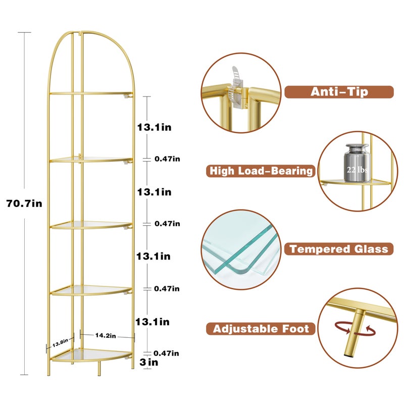Crofy Foldable 5 Tier Corner Shelf, Metal Corner Plant Stand with Gold Frame and Transparent Shelves, Corner Display Rack Multipurpose Shelving Unit for Living Room, Bedroom, Bathroom - Image 3