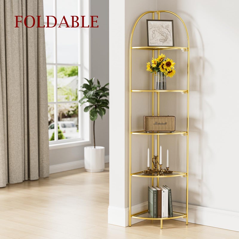 Crofy Foldable 5 Tier Corner Shelf, Metal Corner Plant Stand with Gold Frame and Transparent Shelves, Corner Display Rack Multipurpose Shelving Unit for Living Room, Bedroom, Bathroom - Image 2
