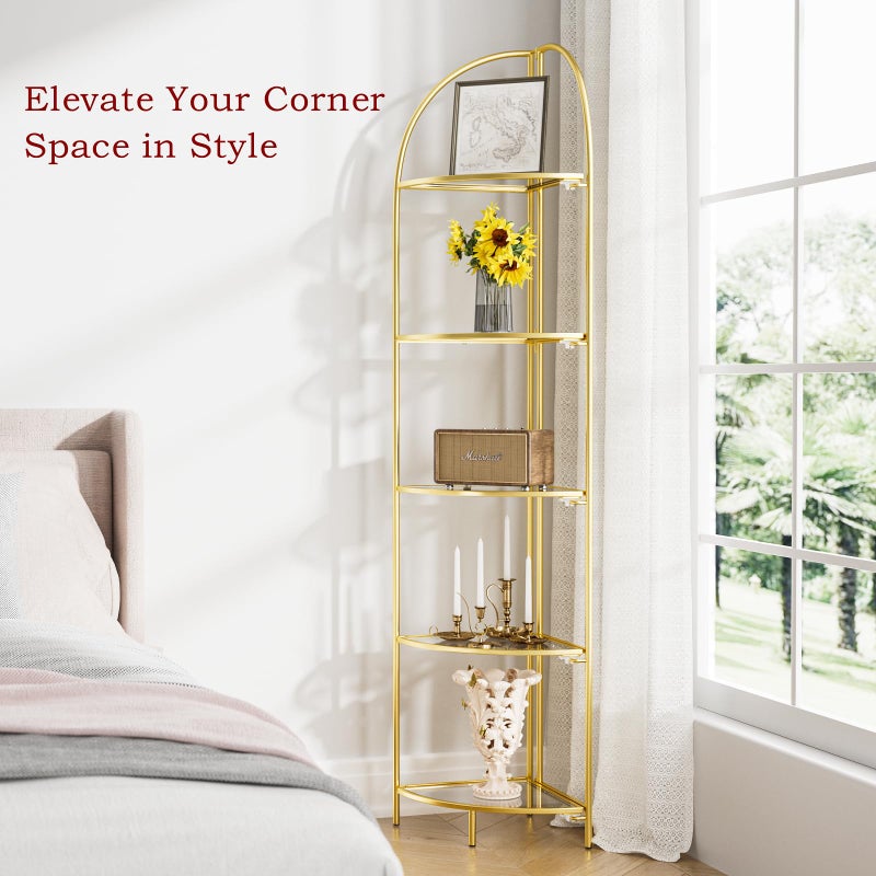Crofy Foldable 5 Tier Corner Shelf, Metal Corner Plant Stand with Gold Frame and Transparent Shelves, Corner Display Rack Multipurpose Shelving Unit for Living Room, Bedroom, Bathroom - Image 4