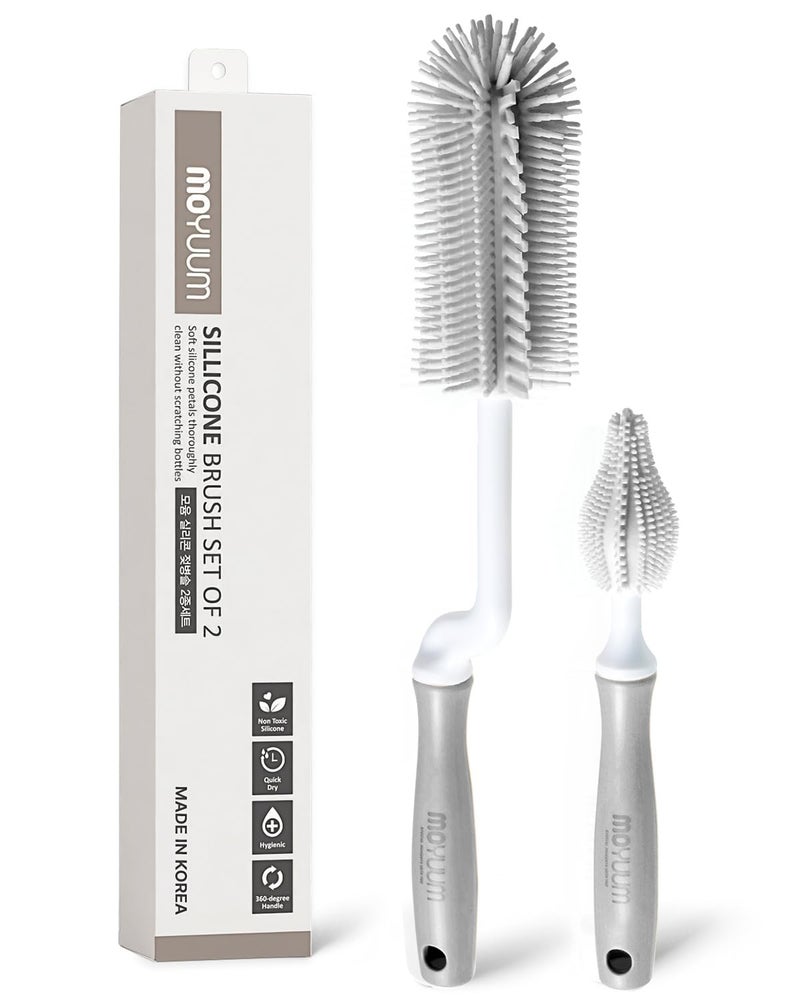 Moyuum Silicone Baby Bottle and Nipple Brush Set | Made in Korea, 360 Degree Rotating Handle, Soft Bristles, Hanging Hole for Quick Drying and Storage, Dishwasher Safe (Cool Grey) - Image 1