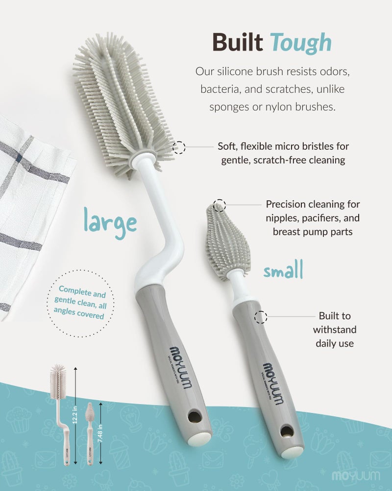 Moyuum Silicone Baby Bottle and Nipple Brush Set | Made in Korea, 360 Degree Rotating Handle, Soft Bristles, Hanging Hole for Quick Drying and Storage, Dishwasher Safe (Cool Grey) - Image 4