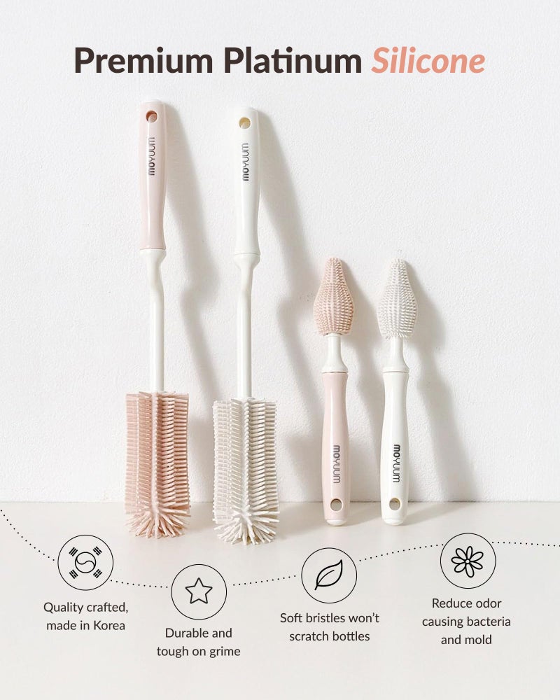 Moyuum Silicone Baby Bottle and Nipple Brush Set | Made in Korea, 360 Degree Rotating Handle, Soft Bristles, Hanging Hole for Quick Drying and Storage, Dishwasher Safe (Cool Grey) - Image 3