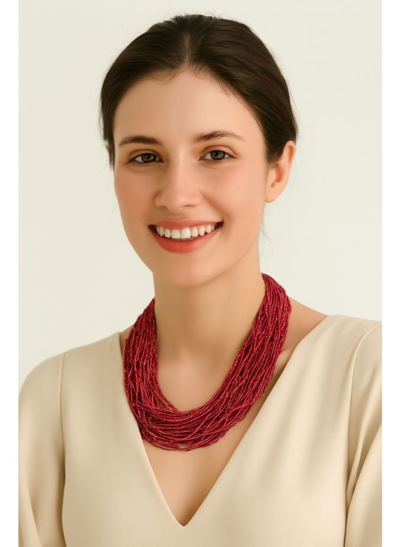 عقد نسائي متعدد الطبقات – خرز أحمر داكن بتصميم يدوي فاخر - Image 1